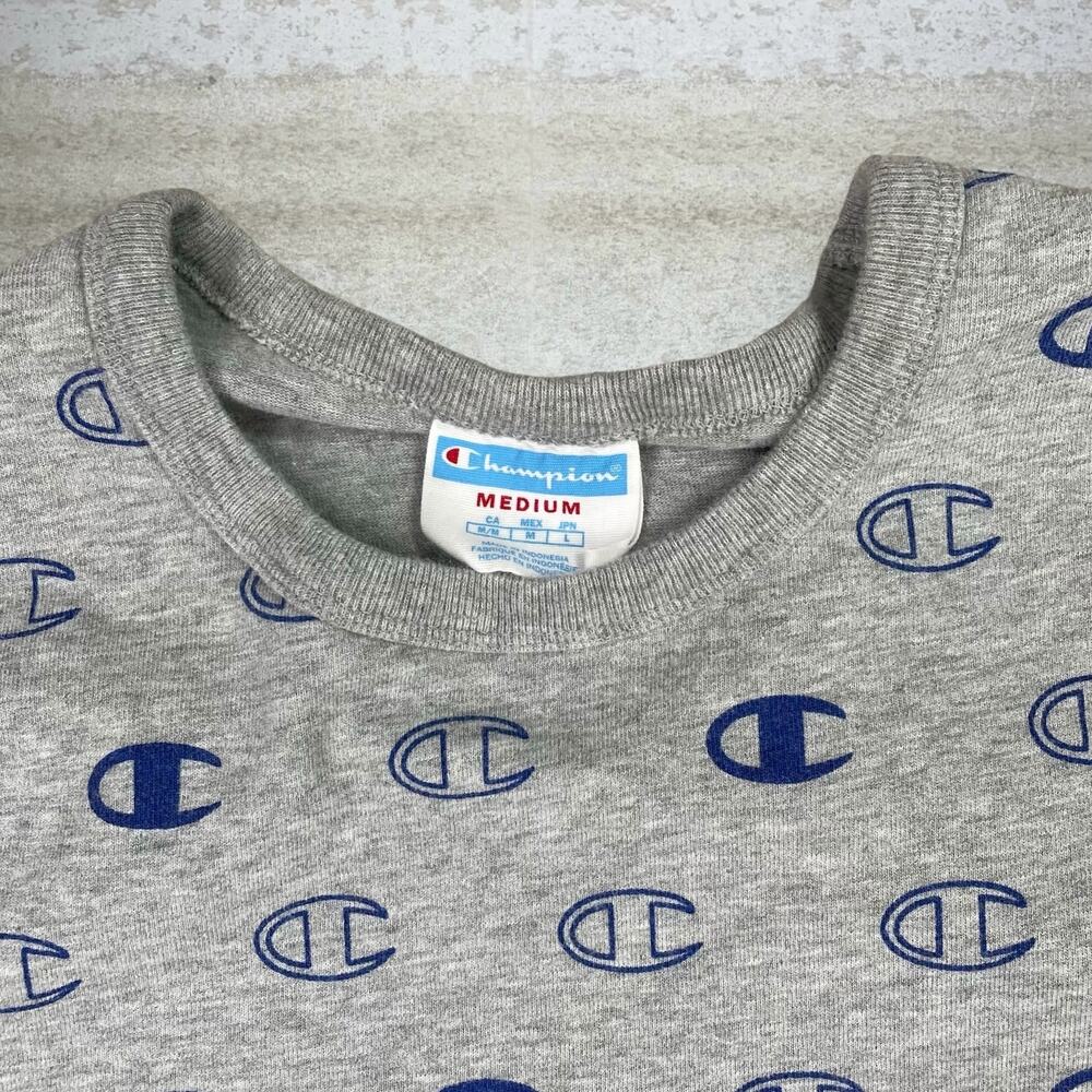 Vintage Y2K Champion Shirt Mens M Grey Reverse Weave Navy Blue Short Sleeve - Picture 4 of 4